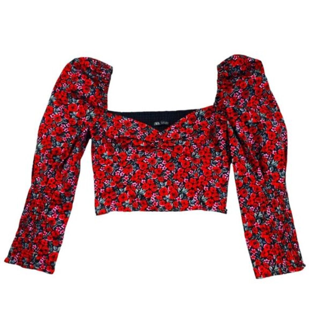 Zara -1807 Long Sleeve Floral Puff Sleeve Sweetheart Crop‎ Top Red NWOT Small